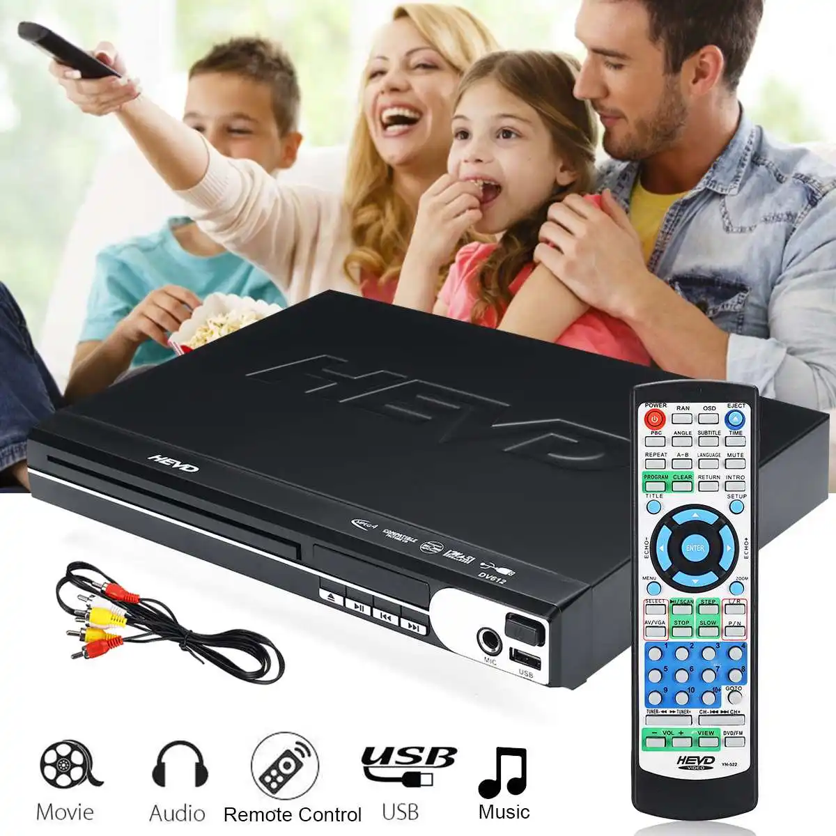 

DVD Player Compact Multi Region Reader Full HD USB Mic Port With Remote Control 110-240V 50-60Hz Plug and Play Black Plastic