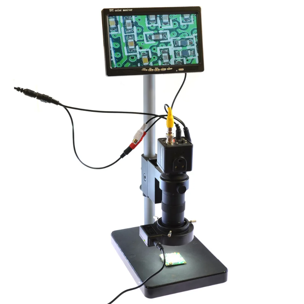 

Microscope Camera Set BNC AV TV Digital Industrial 100X Zoom C-Mount Lens 7" LCD Monitor LED Light Table Stand for PCB Soldering