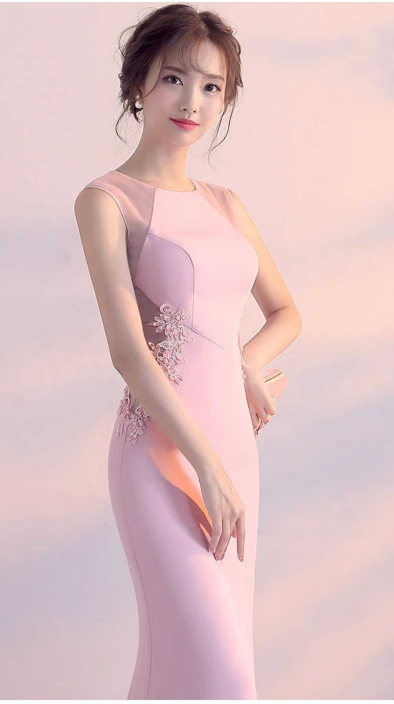 Solid Pink Cotton & Mesh Beaded Floral Appliques Mermaid Sexy Club Dresses 2018 New Arrival Party Dress Women Vestido Long Slim (14)