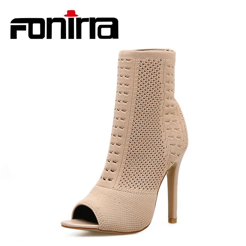

FONIRRA Autumn Elastic Knit Sock Boots Fashion High Heel Peep Toe Ankle Boots Hollow Green Europe Women Pumps Bootie Mujer 956