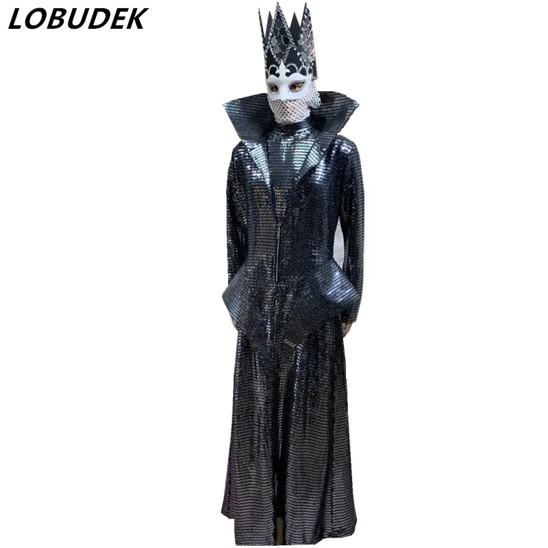 Mannelijke kostuum mannen Pak zwarte Pailletten spiegels lange Jas bodysuit hoofddeksels Overjas Zanger Nachtclub Rock Punk Prestaties Mannelijke kostuum mannen Pak zwarte Pailletten spiegels lange Jas bodysuit hoofddeksels Overjas Zanger Nachtclub Rock Punk Prestaties