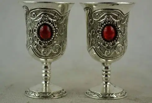 

Old Tibet Handwork Silver Carving Pattern & Inlay Red Bead Wine Cup metal handicraft,Free shipping