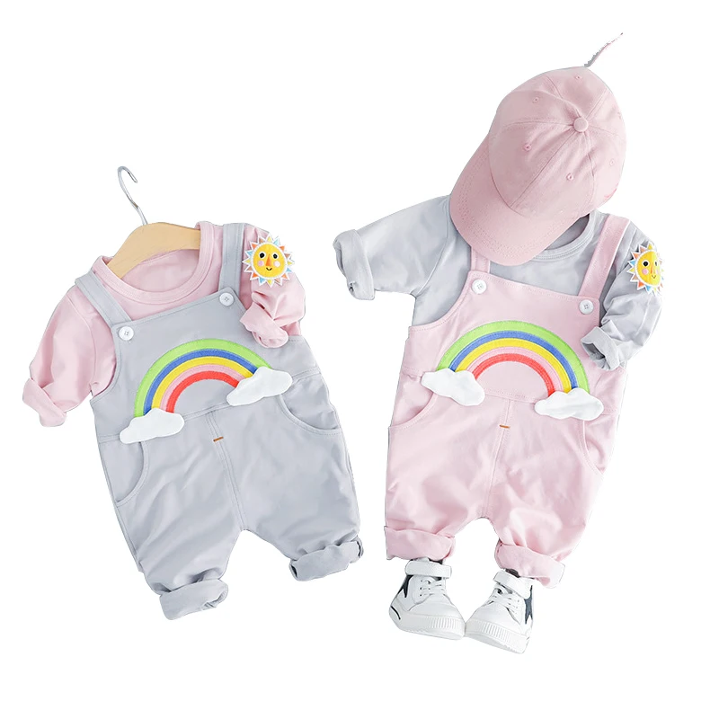 

kids rainbow 2pcs sets age for 9 month -3 yrs baby boy girls outfits t-shirt+overalls pants toddler sets children winter clothes