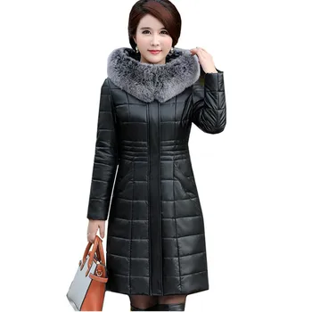 

Winter Women Down cotton PU leather Jacket Hooded Coat Loose Warm Thick Overcoat Large fur collar Female Leather Jackets 7XL 8XL