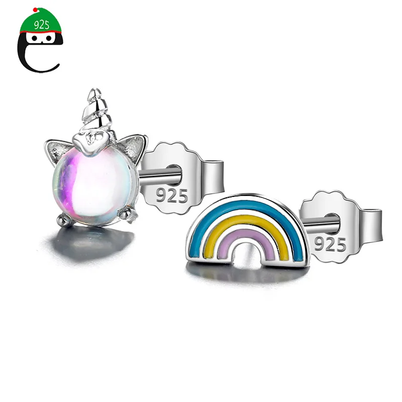 

Trustdavis 100% 925 Solid Real Sterling Silver Asymmetric Rainbow Candy Stud Earring For Women Girl Fine Jewelry Brincos ED131