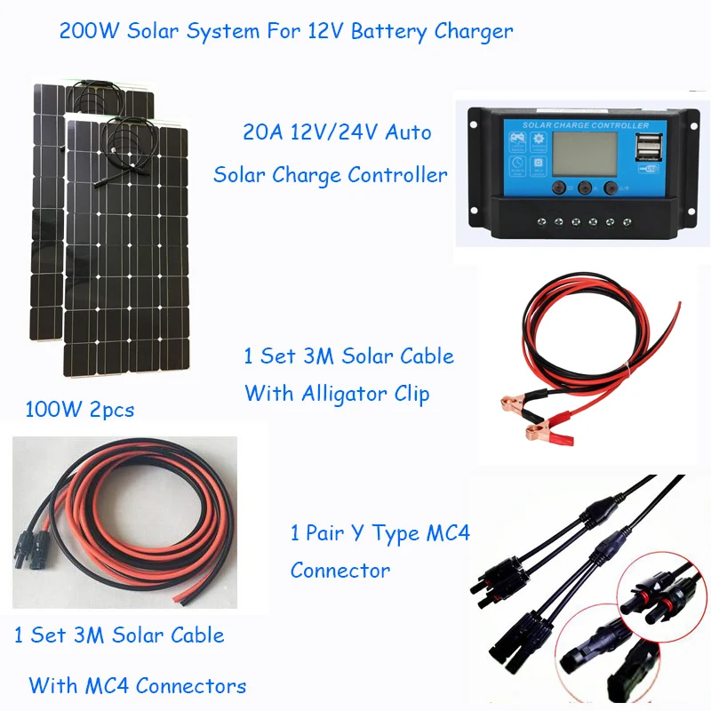 

solar system 200w photovoltaic flexible solar panel 100w 2pcs solar pv kit power system station whole solar set for 12V battery