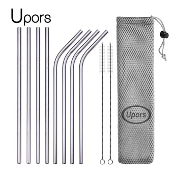 

UPORS Reusable Metal Drinking Straw 304 Stainless Steel Straws Straight Bent Drinking Straw with Cleaner Brush Pouch Wholesale