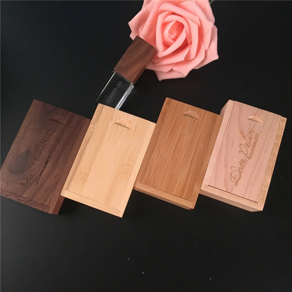 Wedding Photography Custom LOGO Wooden Crystal + Wooden box USB 2.0 Version memory flashs stick pen drive