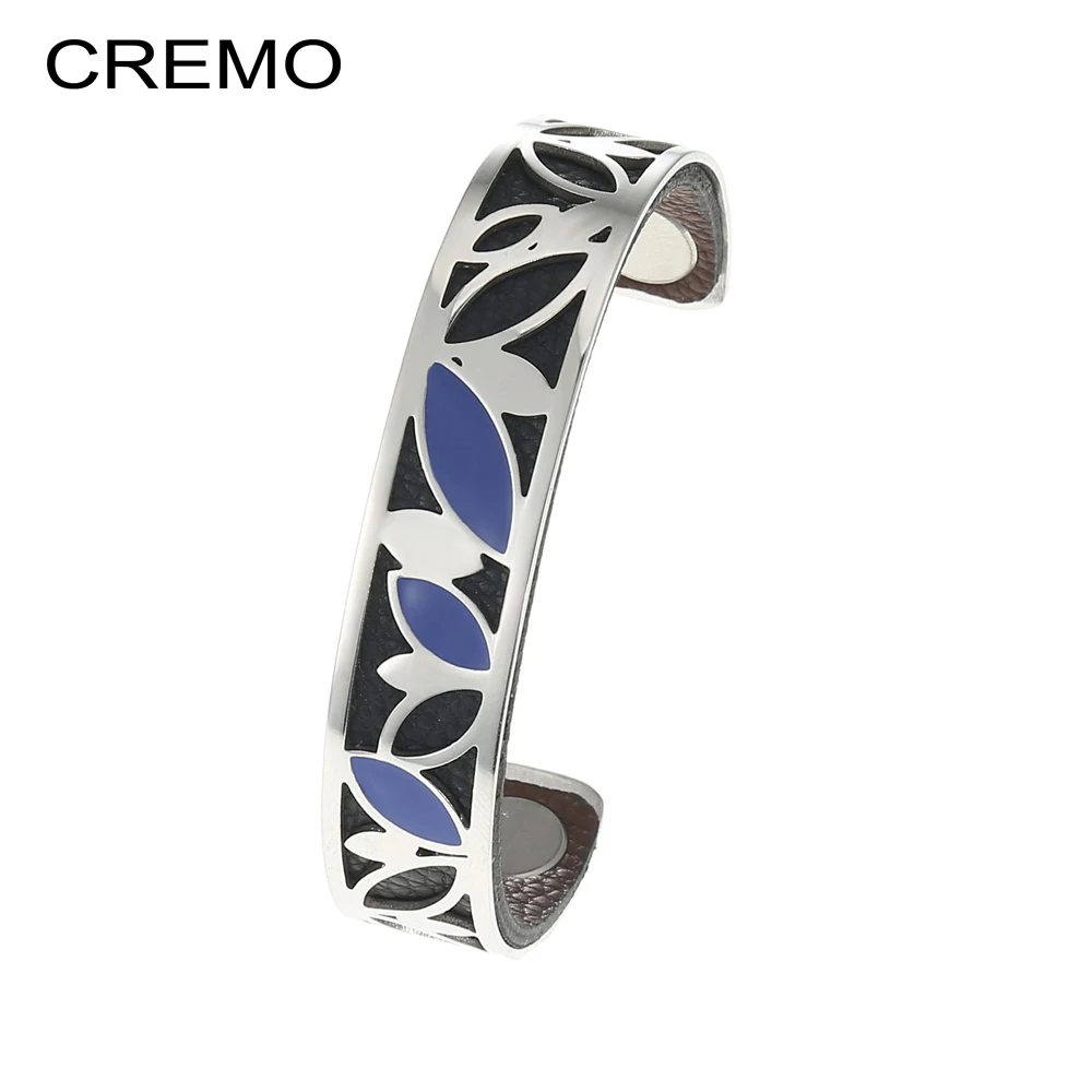 

Cremo Leaf Bangles Blue Enamel Bracelets Argent Reversible Interchangeable Manchette Arm Cuffs Stainless Steel Bracelet Pulseras