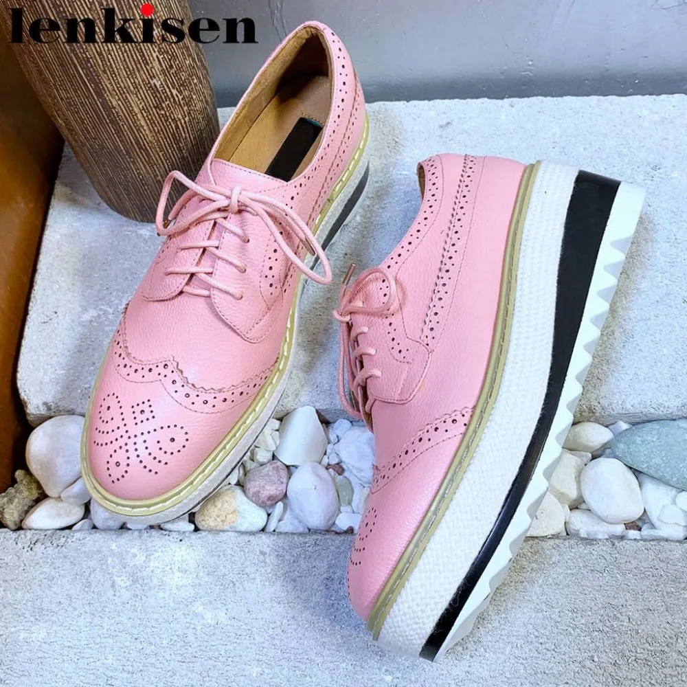 

2019 popular British style classic Brogue shoes lace up round toe wedges med bottom lace up genuine leather runway shoes L40