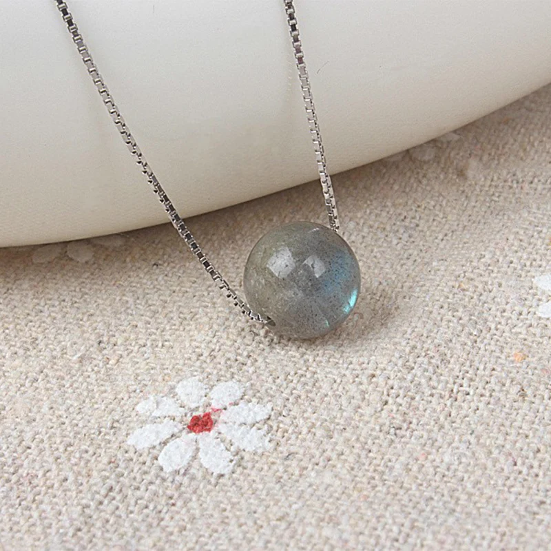 

925 Sterling Silver Box Chain Necklace Moon Stone Natural Stone Pendant Necklace Fashion Jewelry bijoux collier en argent