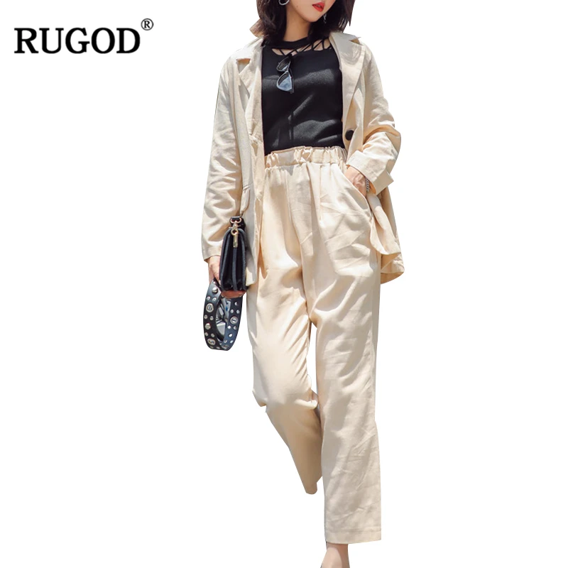 RUGOD корейский стиль тонкие хлопковые льняные брюки костюм Для женщин Повседневное 2 из двух частей комплект куртка с длинными рукавами и