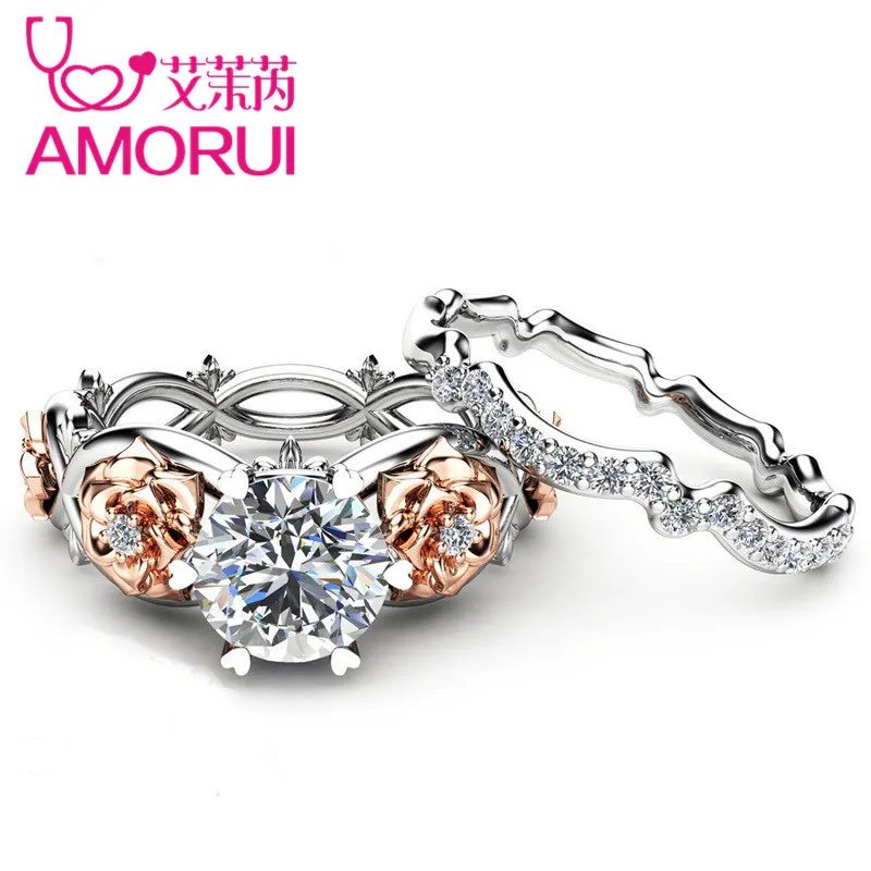 AMORU Rose Flower CZ Stone Wedding Rings for Women Jewelry Crystal Love Engagement Silver Ring Set Dropshipping Bague Femme Gift