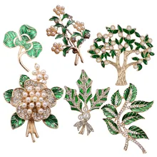 

Baroque Royal Vintage Antique Enamel Drop Of Glaze Pearl Crystal Green Clover Pear Flower Tree Brooch Party Banquet Wedding H008