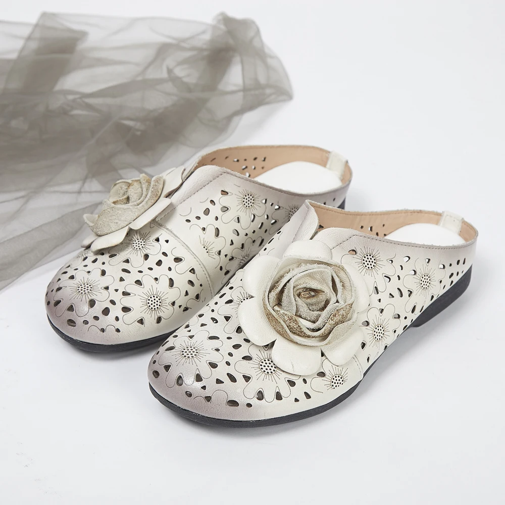 

2019 summer new first layer cowhide flower baotou sandals and slippers leather hollow low heel