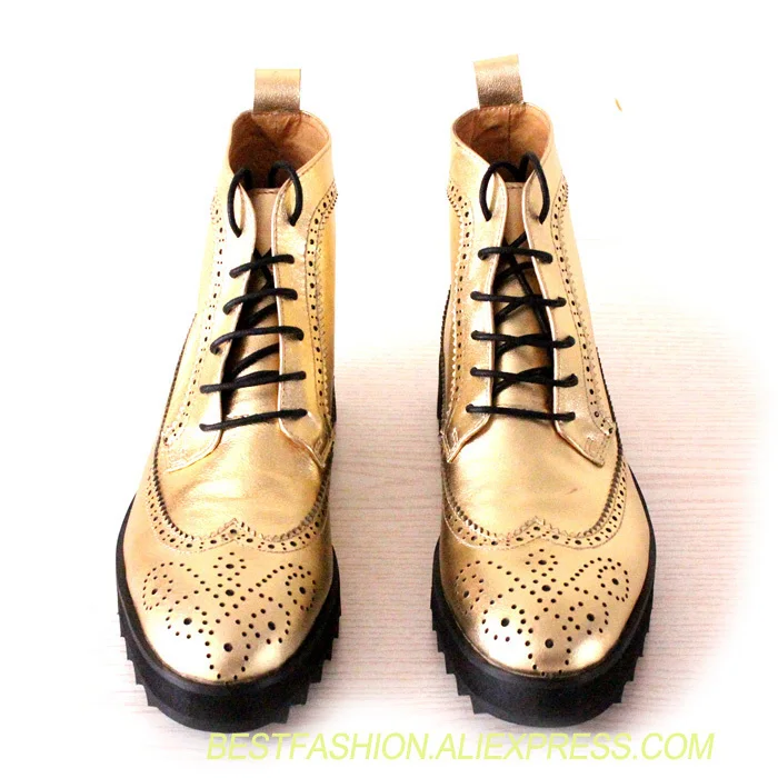 

British style pointed toe lace up high top men boots gold color carved fretwork ankle boot men shoes thick bottom casual boots
