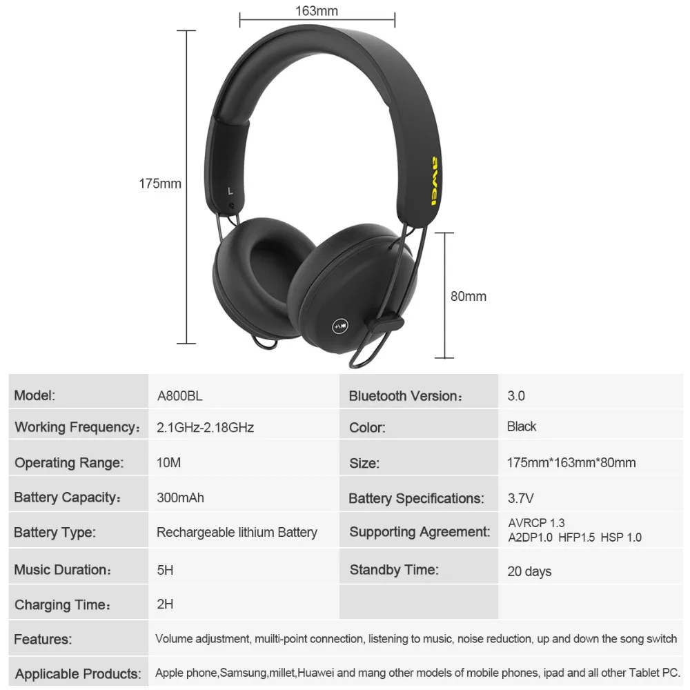 AWEI A800BL Bluetooth Headphones Headset Wireless Headphone Microphone Headset Sports For iOS Android Stereo Double Channel (14)