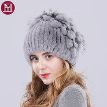 Женская зимняя меховая шапка, Женский Настоящий мех кролика, шапки бини, толстые теплые эластичные брендовые модные головные уборы из натурального меха кролика