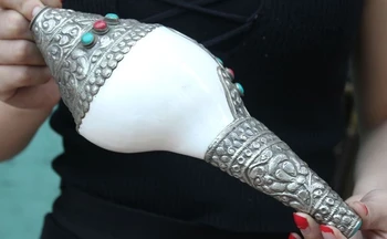 

free shipping Collect rare old Tibet Silver turquoise coral buddhism Conch Trumpet Horn Shell