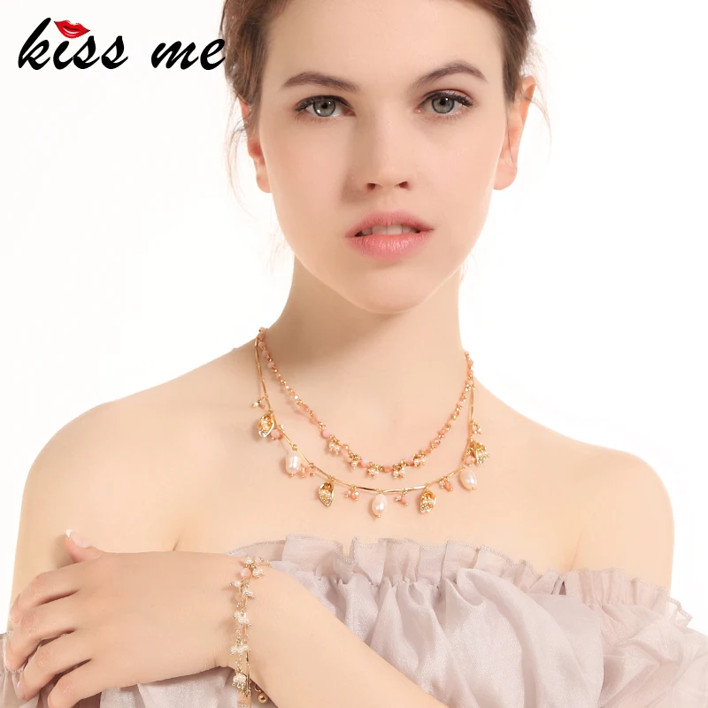 

KISS ME Chic Pink Acrylic Beads Cultured Pearl Necklaces for Women Fashion Gold Color Double Chain Layered Necklace Women Bijoux