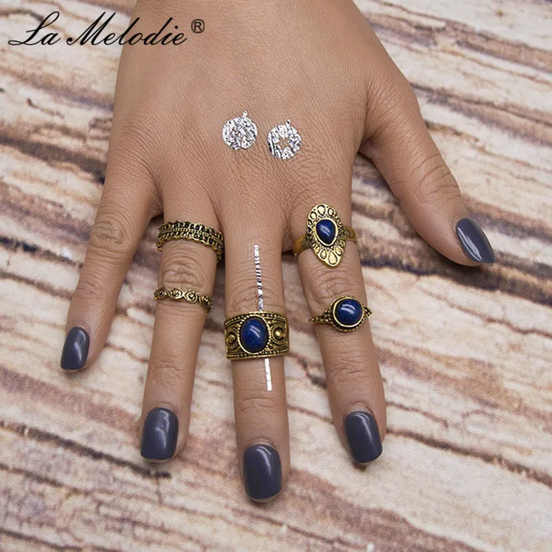 

New Women's Retro Gold Silver Alloy Blue Turquoises Crystal Flowers Geometric Ring Set Midi Knuckle Ring Set Finger Ring Jewelry