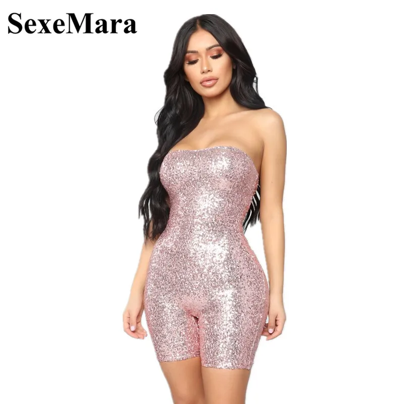 

ANJAMANOR Pink Birthday Sequin Romper Strapless Tube Top Bike Shorts Sexy Glitter Jumpsuit Clubwear Party Outfits for Women