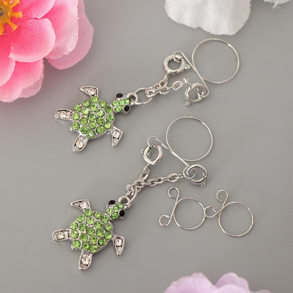MagiDeal 2pcs Cute Tortoise Rhinestone Paved Animal Dangle Nipplering Non-piercing Clip On