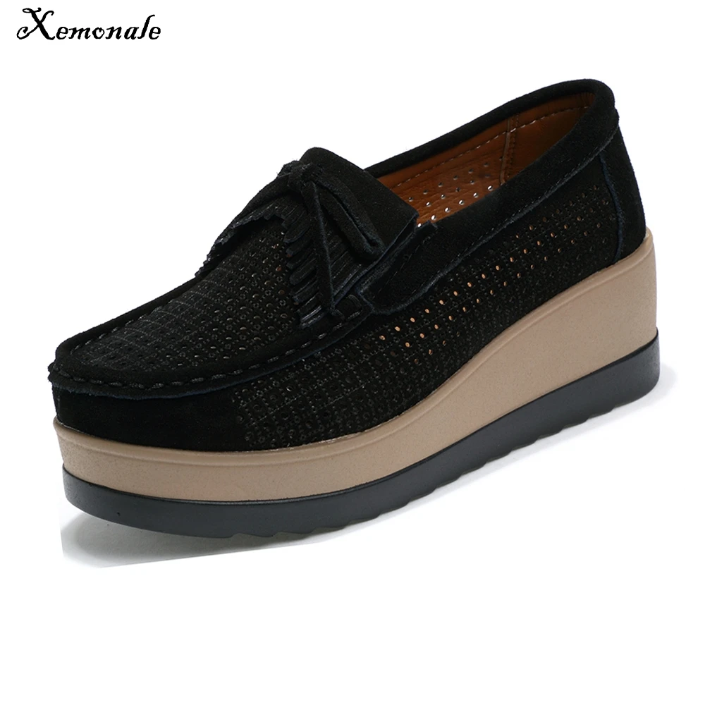Xemonale 2018 Spring Women Flats Ladies Leather Suede Fringe Platform Shoes Breathable Cut out