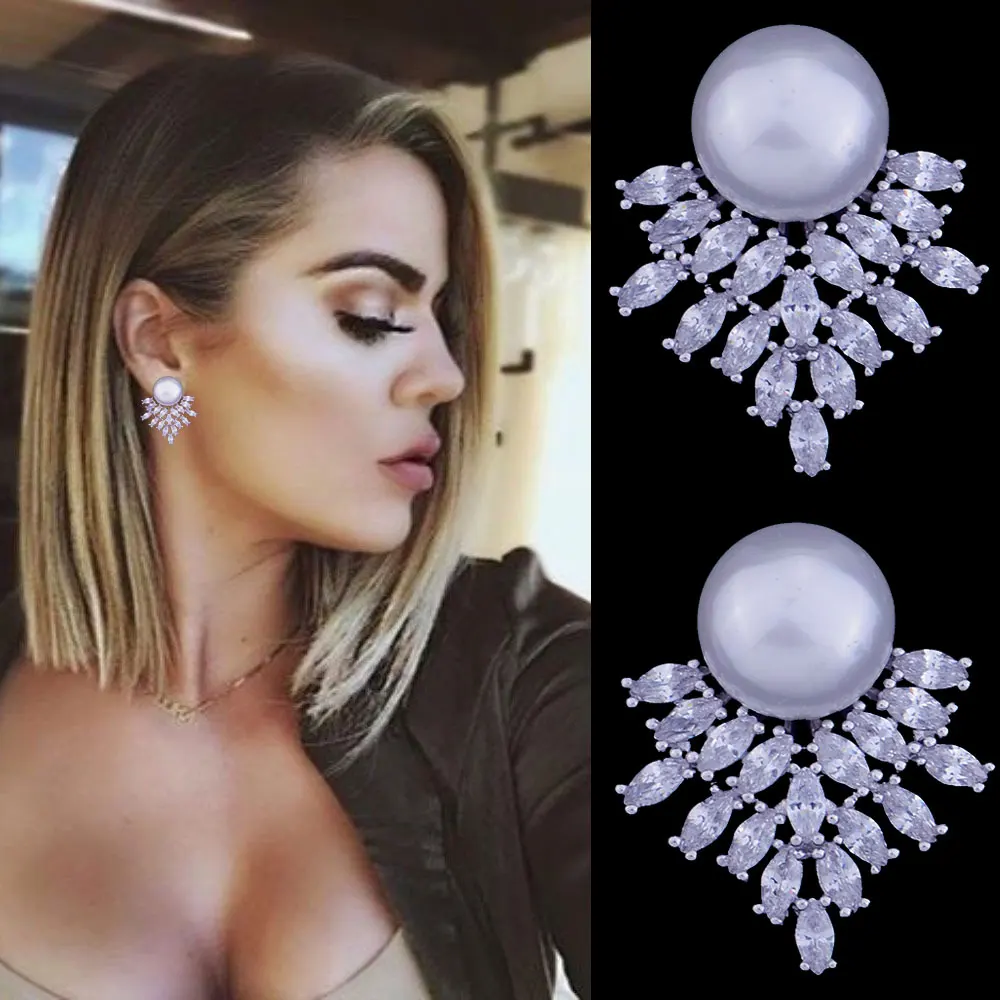 

GODKI 23mm Elegant Feather Flower Imitation Pearl Full Micro Cubic Zirconia Women Bridal Engagement Earring Jewelry Addiction
