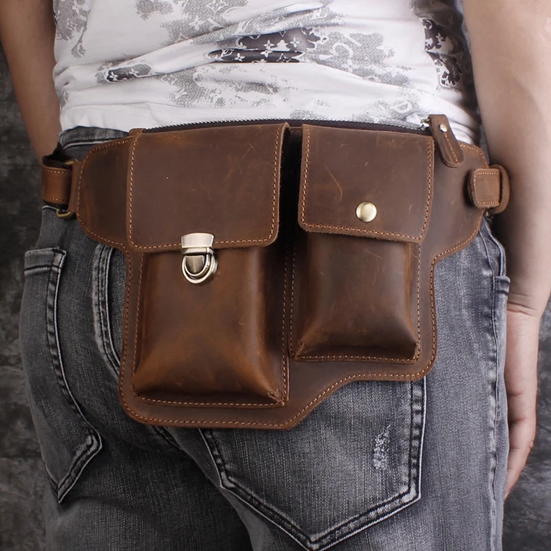 

Crazy Horse Leather Waist pack Belt Loop Hook fanny Waist Pouch Genuine leather Brown handmade phone Bag Hip Bum Bag Chest Bag