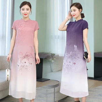 

2020 chinese dress qipao cheongsam half sleeve vintage cheongsam dress loose casual women midi dress floral print chiffon