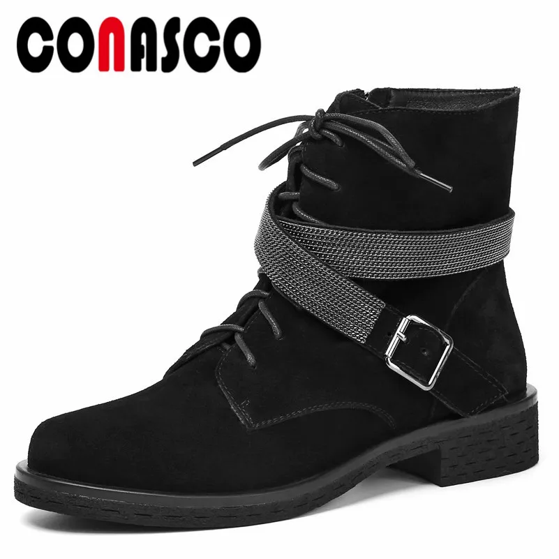 

CONASCO 2019 Punk Women Cow Suede Ankle Boots Buckles Short Motorcycle Boots Thick High Heeled Martin Shoes Women Club Boots