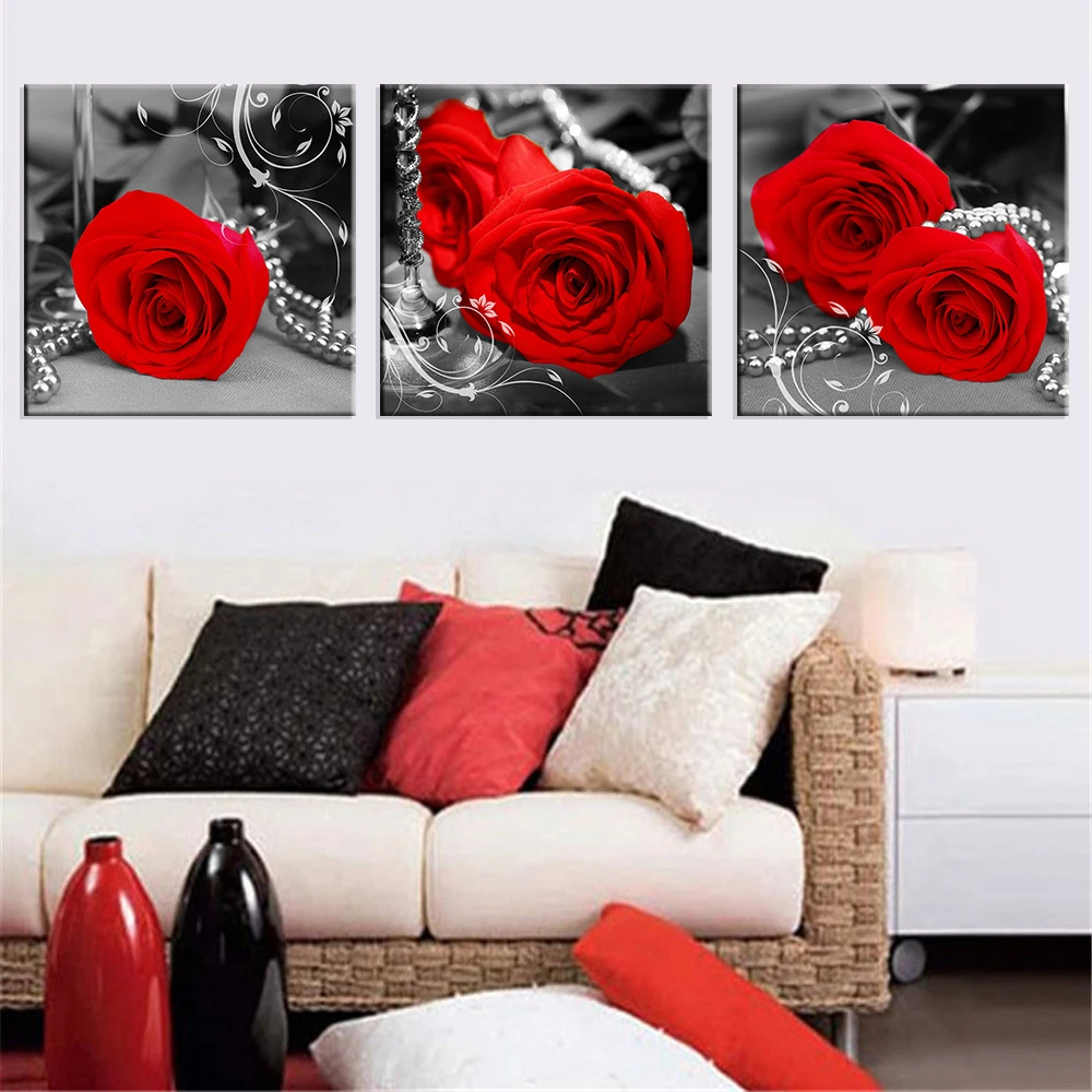 

Poster Wall Modular Picture Painting Frame Art 3 Piece Red Black And White Rose Flower Home Deco Print On Canvas For Living Room