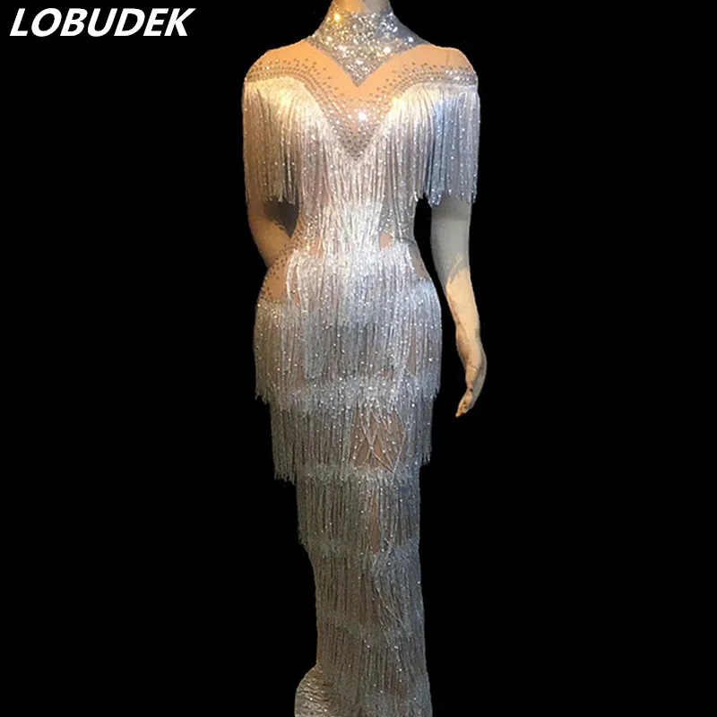 

Bling Silver Rhinestones Sexy See-through Mesh Tassels Long Dress Women Singer Birthday Party Dress Nightclub Bar Stage Costumes