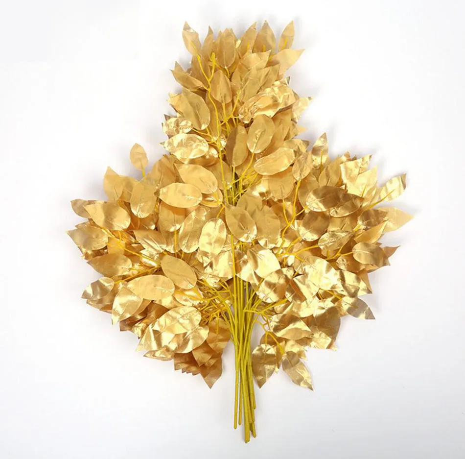 12 шт. золото/серебро/белый/зеленый Banyan Дерево лист листья ветка шелк искусственный цветок для свадьбы, дома, офиса, отеля украшения - Цвет: Золотой