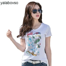 Повседневная хлопковая Футболка с круглым вырезом, украшенная бисером и животными, забавная женская футболка, летние футболки с коротким рукавом, женские топы z30