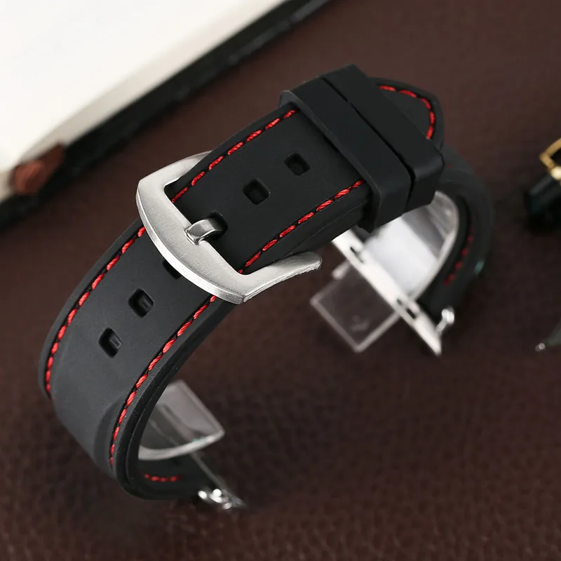 Sport Black Silicone Waterproof Bracelet WhiteRed Line Stitching Rubber Diving Watch Strap Band Ourdoor For  Watch Creative (9)