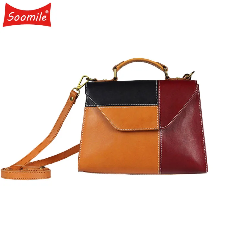 

2018 spring new leather ladies shoulder bag Leather commuter bag Stitching color female handbag luxury women bags bolsa feminina