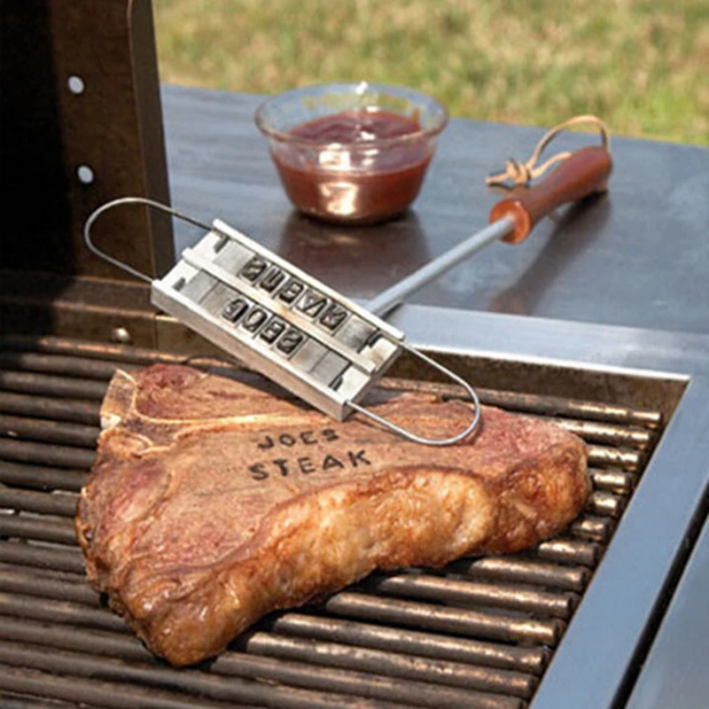 BBQ Branding Iron Wooden Handle Outdoor Barbecue Tools Restaurant Steak Meat Stigma Tools 1pcs Stainless Steel 55 letters 45cm