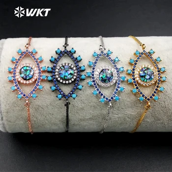 

MB050 Wholesale 10pieces/lot Fashion Jewelry Micro Paved Cubic Zirconia Multicolor Evil Eye Shell Charm Bracelet Adjustable Size