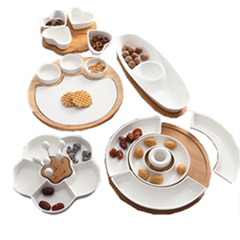 

Combination Ceramic Dish Plates With Natural Bamboo Round Fruits Platter Serving Trays Creative for Snacks/Nuts/Desserts