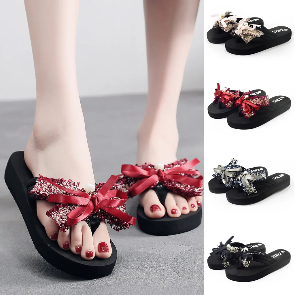 

Bow knot Slip On Clip Toe Sandals Women's Home Wedges Ladies Beach Shoes Clip Toe Holiday Thick Bottom Soft Soled Leisure Style