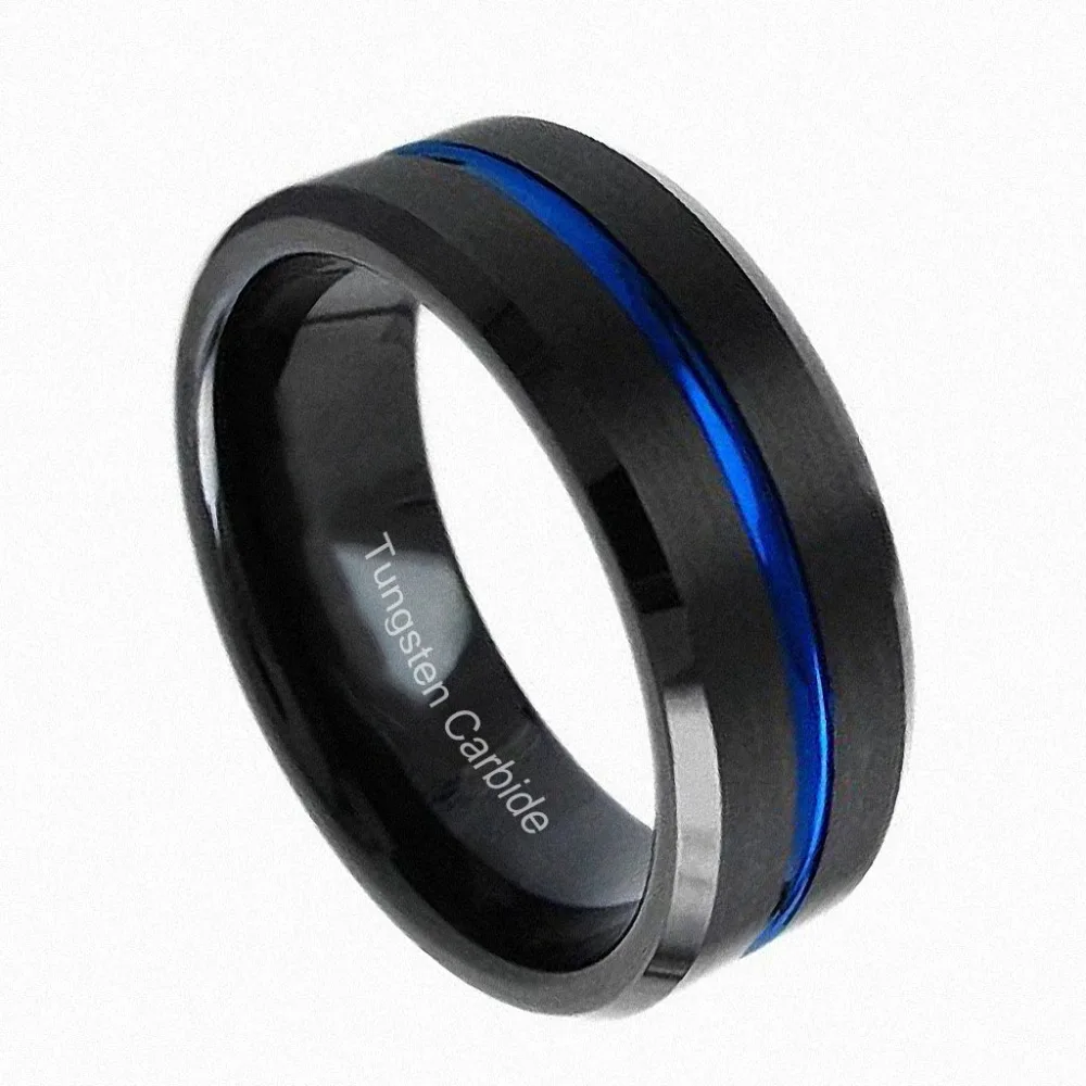8mm Tungsten Carbide Ring Black Brushed Blue Stripe Fancy Engagement