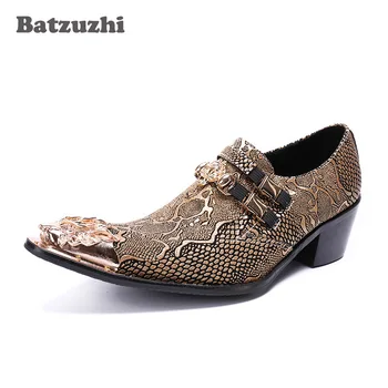 

Batzzhi Western Pop Men Shoes Gold Leather Gold Metal Toe Oxford Shoes Men 6.5cm Heels Leather Business, Party, Wedding Shoes