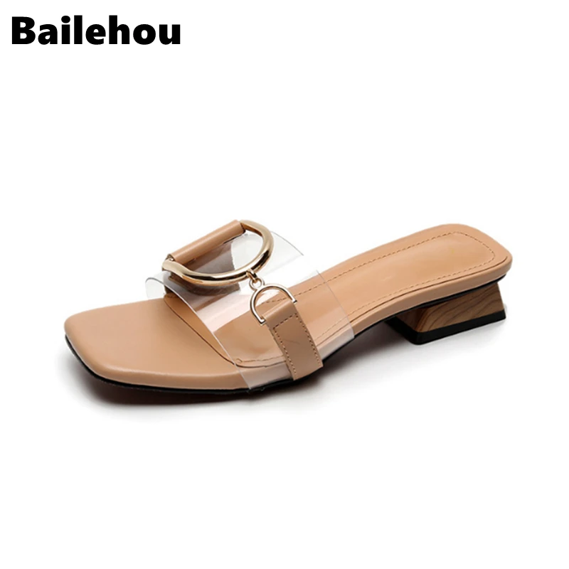 

Bailehou Women Summer Beach Slipper Plus Size 35-43 Women Metal Buckle Slides Transparent Low Heels Clear Slippers Sandal