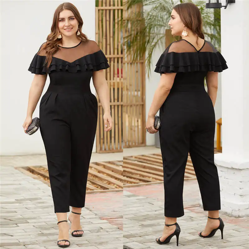 

Jumpsuits bodysuit Rompers Jumpsuit Women's increase Plus Size Mesh Stitching Ruffled Short-Sleeved Small Feet Jumpsuit 661R10