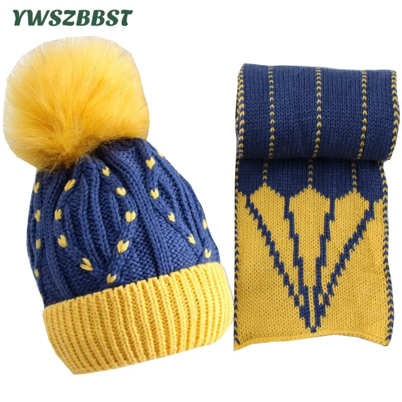 

New Baby Girls Hats with Love Heart Point Kids Caps for Boys Warm Hats Winter Children Hat Scarf set fit 1 to 8Y