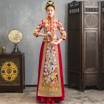 

Bling Novelty Pleated Oversaes Chinese Cheongsam Exquisite Rhinestone Tang Suit Clothing Qipao Embroidery Bride Wedding Dress