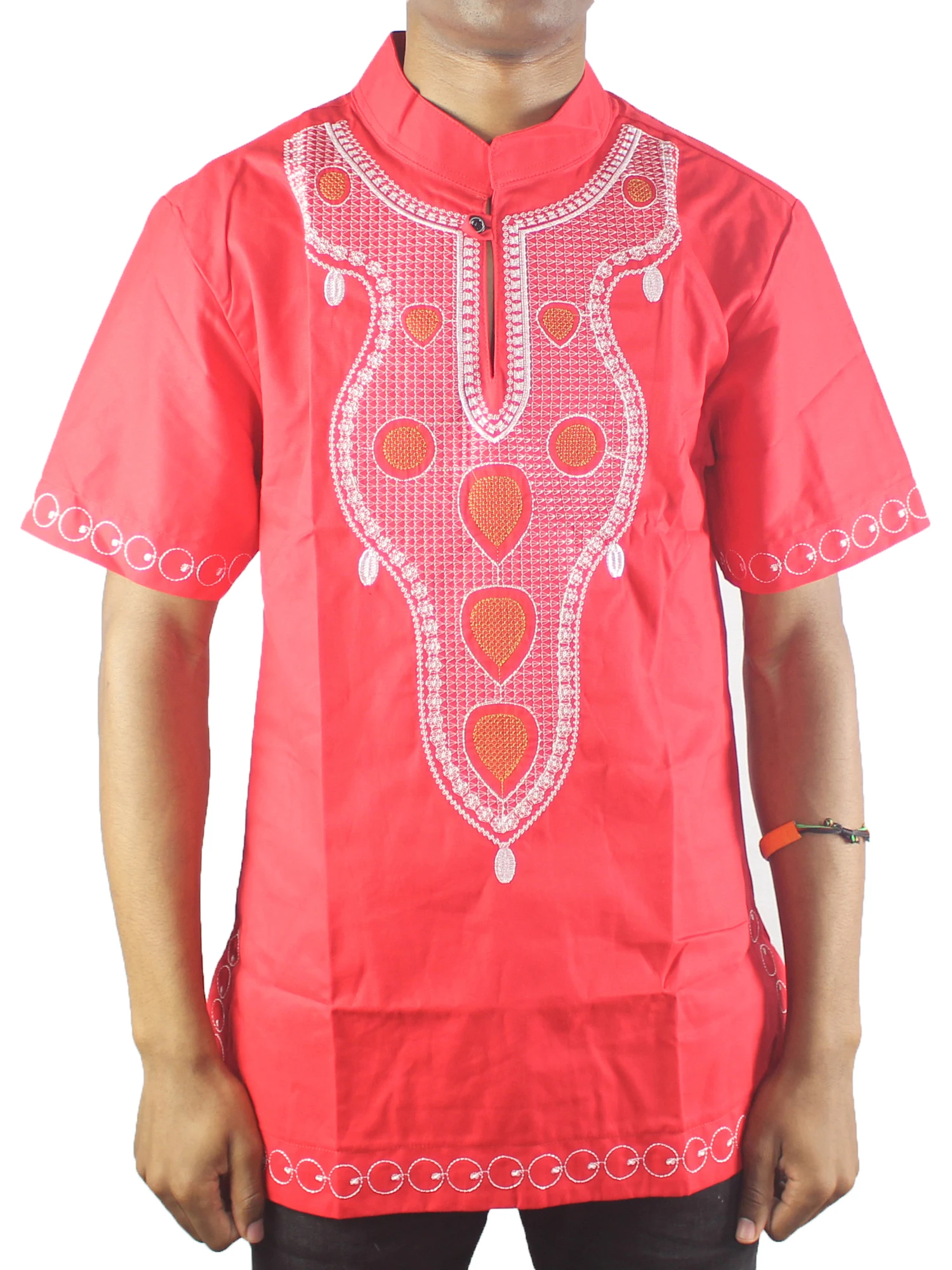 

2019 Summer Red Colorful Dashiki African Standing Collar Embroidered Shirt