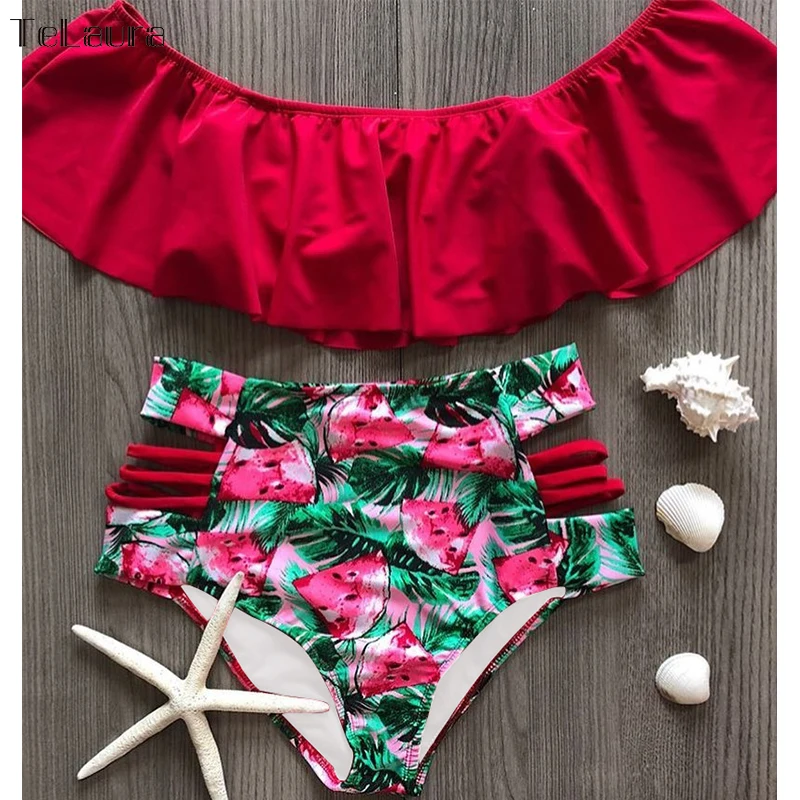 HTB1g0hQM4YaK1RjSZFnq6y80pXao 2019 New Sexy High Waist Bikini Swimwear Women Swimsuit Off Shoulder Bathing Suit Biquini Ruffle Brazilian Bikini Set Beachwear
